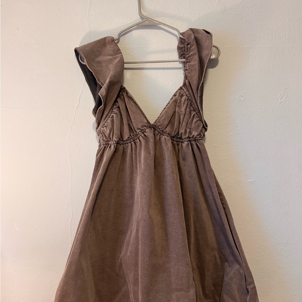 Woman’s Denim Brown V-Neck Ruffle Strap Dress